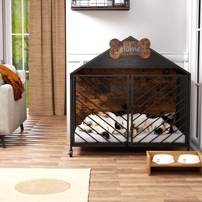 Furniture Dog Crate for Small & Medium Dogs, 32" Gable Roof Indoor Kennel with Double Locking Doors, Escape Proof Chew Proof Metal Dog Cage, Heavy Duty Wood-Style Crate for Home Decor, Rustic Brown