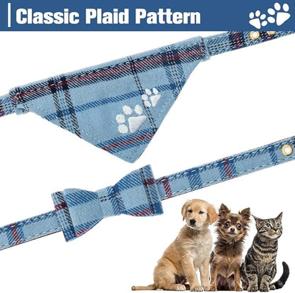EXPAWLORER Puppy Collar and Leash Set - Embroidery Pawprints Plaid Dog Collar with Bow Tie and Bandana, Cute Collar and Leash for Dogs and Cats, Blue XS