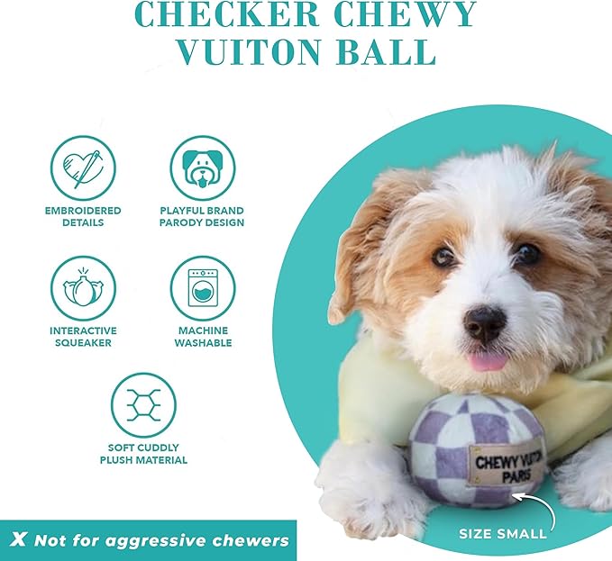 Haute Diggity Dog Chewy Vuiton Ball Plush Squeaky Dog Toy, Soft Durable Designer-Inspired Stuffed Puppy Chew Toys for Small & Medium Dogs, Machine-Washable (Tan Checker) Large