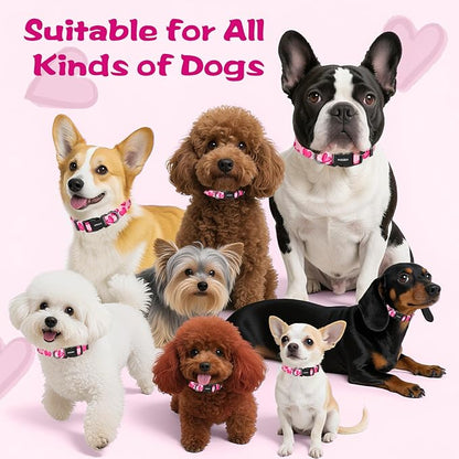 Kazazoo Dog Collar Cute and Soft Nylon Puppy Collar Girl, Adjustable Dog Collars for Medium Large Dogs, Hot Pink Heart-L