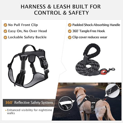 IEUUMLER No Pull Dog Harness, Reflective Front Clip Vest with Leash,Safety Belt and Backup Safety Strap, Adjustable Easy Control Handle,Air Tag Dog Collar for Small Medium Large Dogs EU021 (Black, XS)