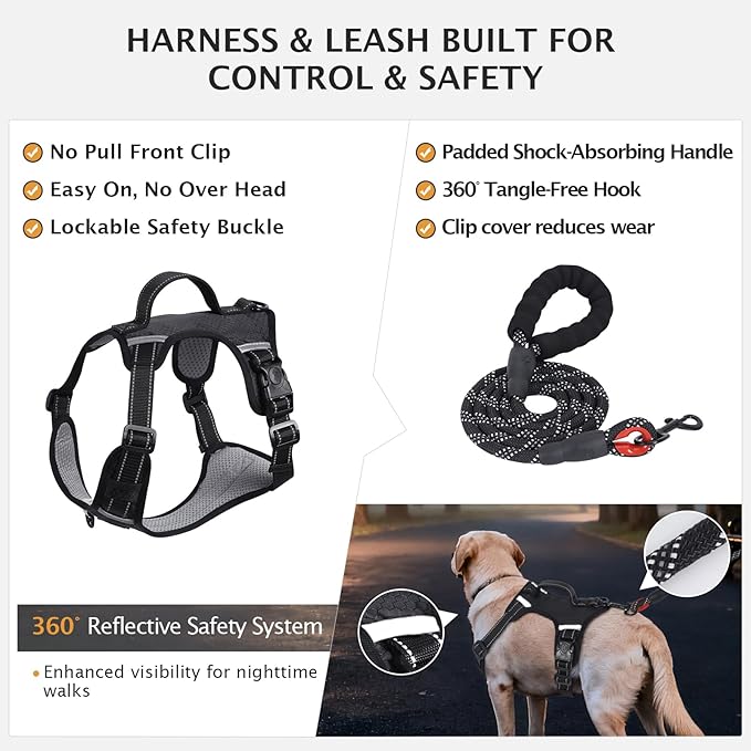 IEUUMLER No Pull Dog Harness, Reflective Front Clip Vest with Leash,Safety Belt and Backup Safety Strap, Adjustable Easy Control Handle,Air Tag Dog Collar for Small Medium Large Dogs EU021 (Black, S)
