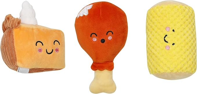 Pearhead Pet Thanksgiving Dinner Dog Toys - Slice of Pumpkin Pie, Turkey Leg, and Corn Cob Plush with Squeakers, Set of 3