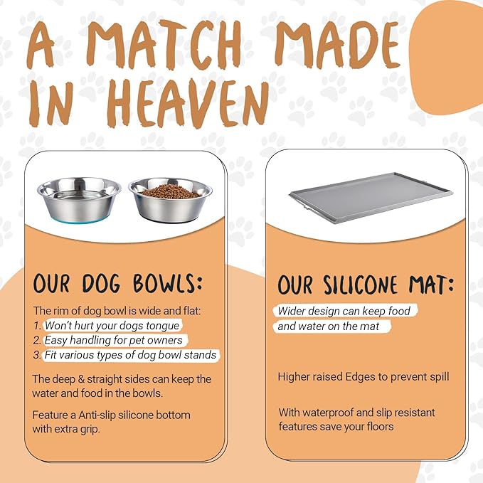 PEGGY11 Deep Stainless Steel Anti-Slip Dog Bowls with Silicone Mat - 2 Bowls + Mat, 6 Cups