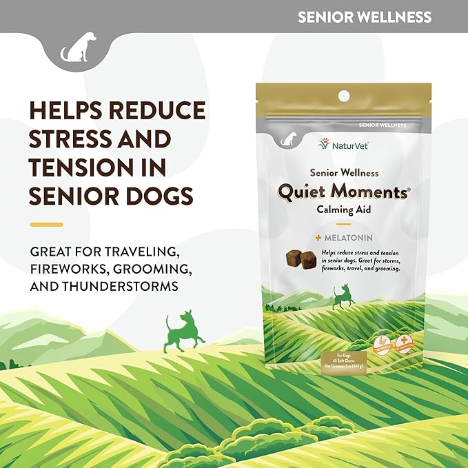 NaturVet Quiet Moments Calming Aid Dog Supplement, Helps Promote Relaxation, Reduce Stress, Storm Anxiety, Motion Sickness for Dogs (Quiet Moments Senior Wellness, 65 Soft Chews)