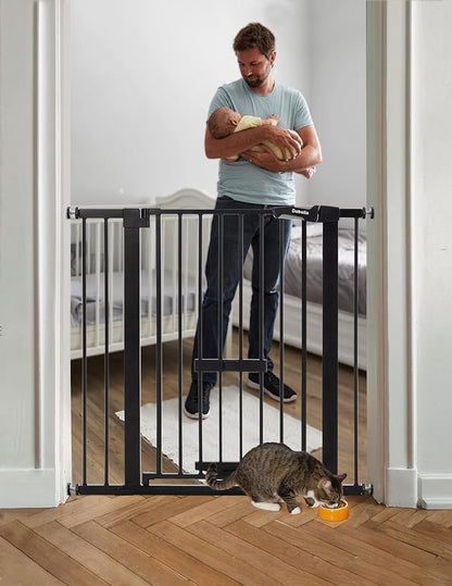 Babelio 36 Inch Extra Tall Baby Gate with Cat Door, 29-48" Auto Close Pet Door for Stairs, Doorways and House, with Wall Cups, Black