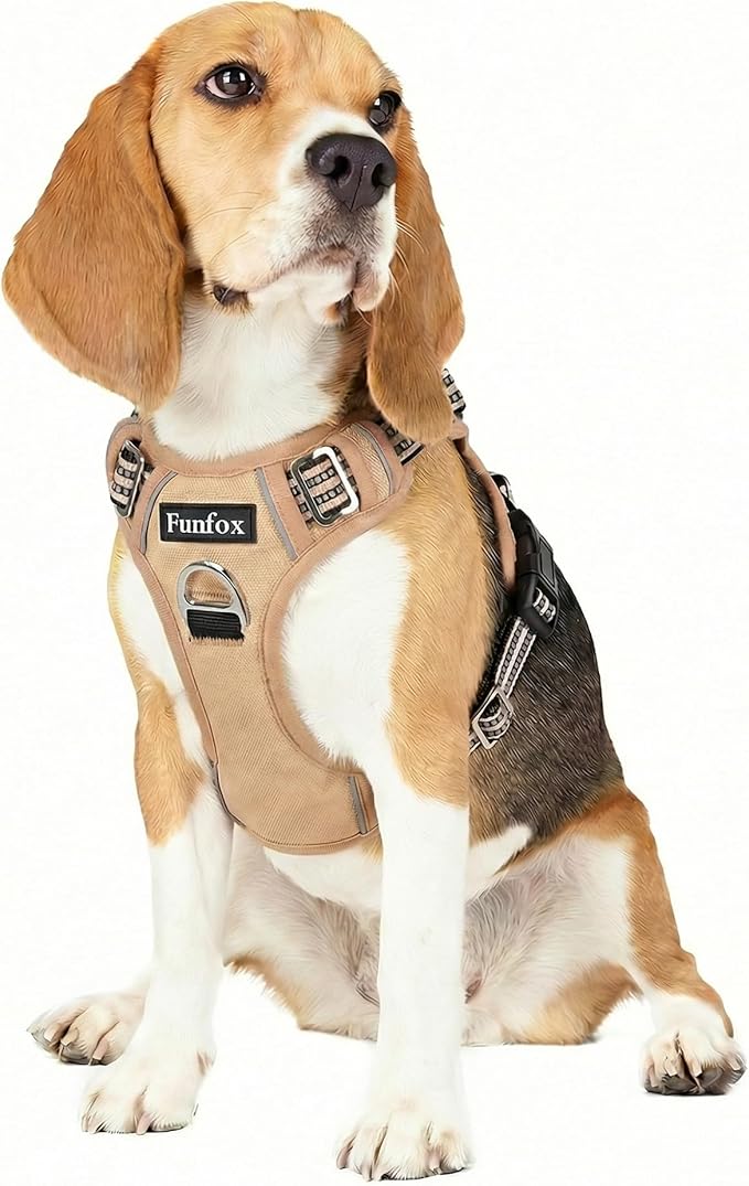 Funfox Dog Harness No Pull, Adjustable Pet Vest Harness, Super Soft Material with Vertical Handle Easy Control, Reflective Night Walking, 2 Leash Clips for Medium Sized Dogs, Brown, M