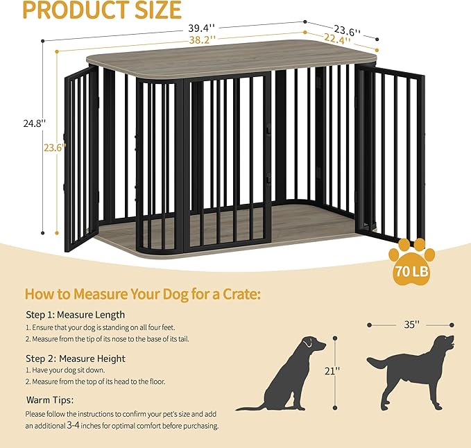 Hzuaneri 39.4'' Dog Crate Furniture, L Indoor Dog Kennel Dogs Cage, Modern Decorative Pet House for Small/Medium/Large Dogs, Anti-Chew & Anti-Escape, Kennel End Side Table, Greige Black DFC88705B