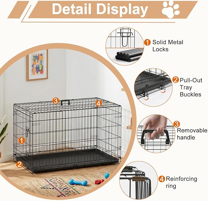 FDW Large Dog Crate 42inch Dog Cage Foldable Metal Kennel with Leakproof Tray Foldable Design Indoor Outdoor Use for Large Dogs,Black
