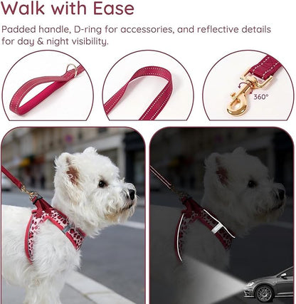 BELLA & PAL Step in Vest Harness for Small and Medium Dogs, No Pull Small Dog Harness with Leash Set, Comfortable Air Mesh Dog Vest Harness with Reflective Strip (Pink Leopard, M)