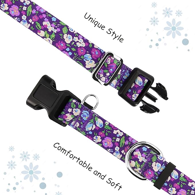 Martingale Collar for Dogs with Buckle Adjustable Nylon Slip No Pull Anti Escape Training Dog Collars (Purple Floral, Large)
