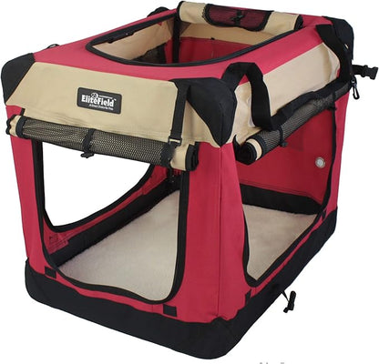 EliteField 4-Door Folding Soft Dog Crate with Curtains, Carrying Bag and Fleece Bed (2 Year Warranty), Indoor & Outdoor Pet Home (30" L x 21" W x 24" H, Red+Beige)