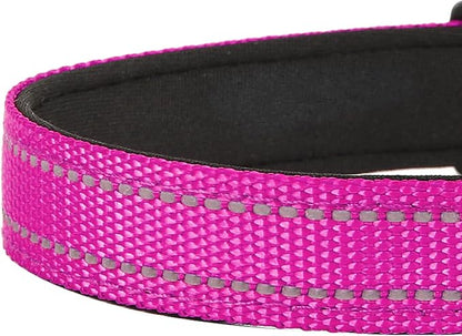Reflective Dog Collar, Adjustable Soft Neoprene Padded Nylon Pet Collars with Buckle for Large Dogs, Rose Red,L