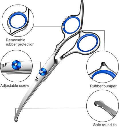 Dog Grooming Scissors with Safety Round Tip,Pet Grooming scissors Kit,Dog Shears for Grooming,Incude Thinning,Curved Grooming Scissors and Comb for dogs, cats.Suitable for The Right Hand