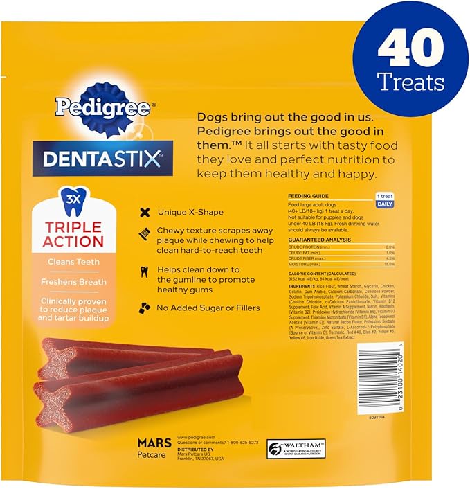 Pedigree Dentastix Dog Dental Treats, Large Breed Dog Treats, Bacon Flavor, 2.08 lb. Bag (40 Treats Total)