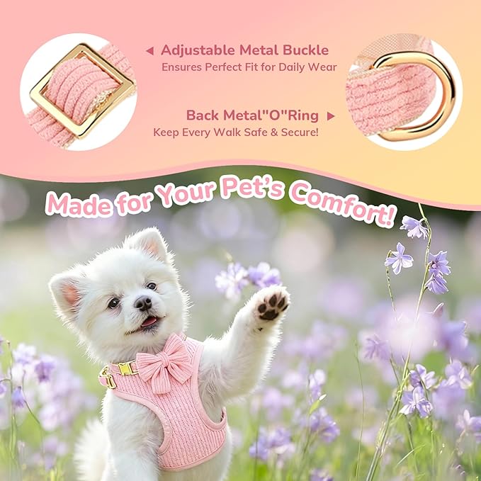 Small Dog Collar Harness and Leash Set, Dog Harness no Pull with Bowtie, Breathable Cotton Adjustable Pet Puppy Harness, Easy Walk Dog Harness, S(14–18.9")