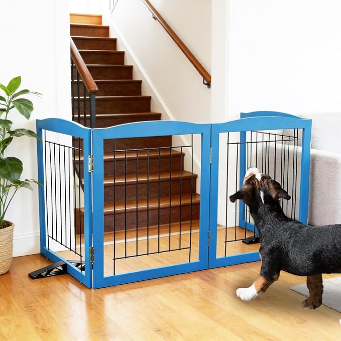 ZJSF Freestanding Dog Fence Indoor, Foldable Dog Gate for Doorways, Stairs or Hallways, Sturdy Wood Extra Wide Pet Gate with Support Feet for The House, Blue, 24 "Height-2 Panels