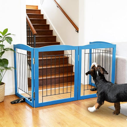 ZJSF Freestanding Dog Fence Indoor, Foldable Dog Gate for Doorways, Stairs or Hallways, Sturdy Wood Extra Wide Pet Gate with Support Feet for The House, Blue, 24 "Height-6 Panels