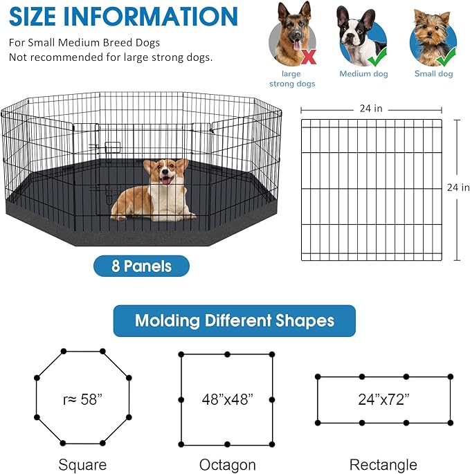Dog Pen Pet Playpen Dog Fence Indoor Foldable Metal Wire Exercise Puppy Play Yard Pet Enclosure Indoor Outdoor 8 Panels 24 Inch with Bottom Pad/Top Cover (Black with Bottom pad)