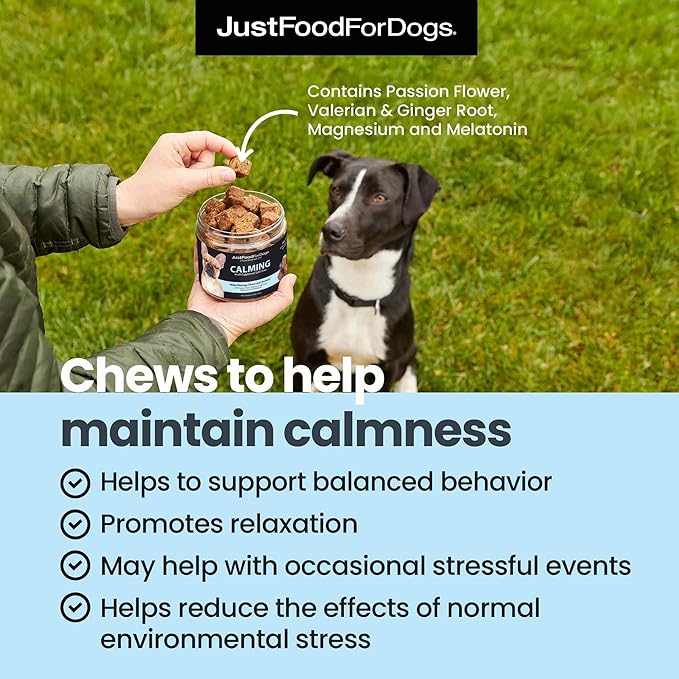 JustFoodForDogs Calming Supplement for Dogs, Human Grade Magnesium and Melatonin Dog Supplements, Promotes Relaxation, Soft Chews, Superfood Blend, Plant Based Dog Vitamins - 45 Count