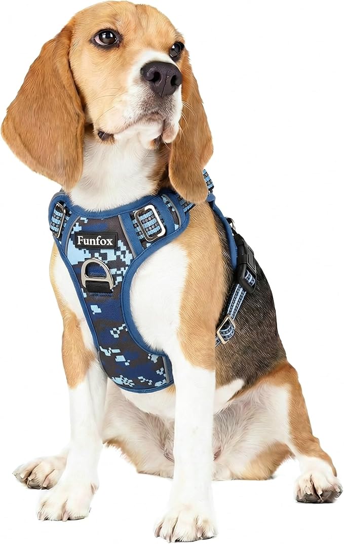 Funfox Dog Harness No Pull, Adjustable Pet Vest Harness, Super Soft Material with Vertical Handle Easy Control, Reflective Night Walking, 2 Leash Clips for Medium Sized Dogs, Mosaic Blue, M