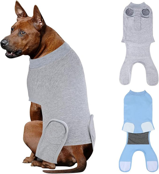 2 Packs Breathable Cotton Dog Recovery Suit for After Neuter Spay Abdominal Wounds Protector, Professional Anti-Licking Onesies for Male Female Pets Surgery Bandages, XL Grey Blue Pure