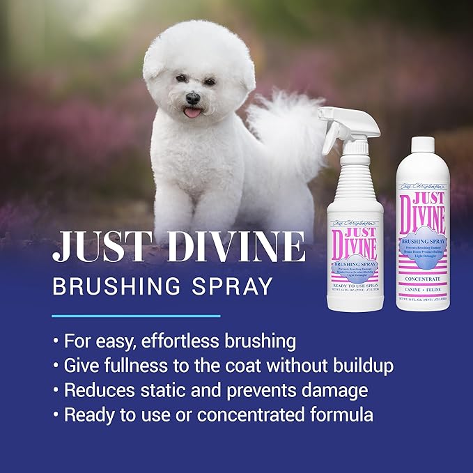 Chris Christensen Just Divine Dog Brushing Spray, Groom Like a Professional, Prevents Brushing Damage, Light Detangler, Ready to Use, All Coat Types, Made in USA, 16oz