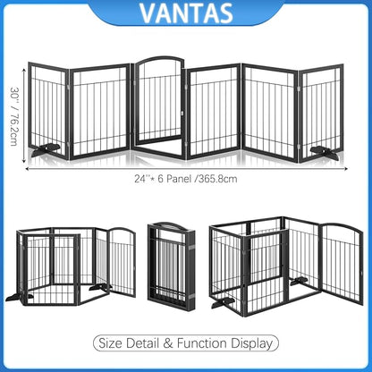 Vantas Folding Pet Gate 144" Wide, 30" Tall No-Assembly Metal Dog Gate, Freestanding Wire Pet Puppy Safety Fence, Extra Wide with 2PCS Support - Black