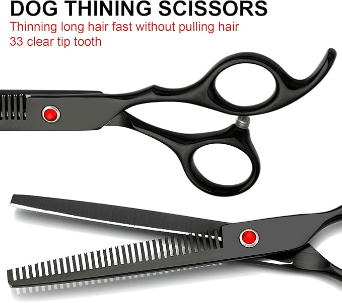 FAIGEO Professional Dog Grooming Scissors Set Stainless Steel Dog Grooming Kit - Thinning, Curved Scissors and Comb for Cat Pet (Black 5 in1)