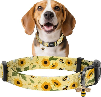 Kazazoo Dog Collar Cute and Soft Nylon Puppy Collar for Boy and Girl, Adjustable Dog Collars for Small Medium Dogs, Bees and Sunflowers-M
