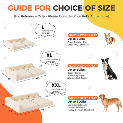 Dog Bed Large Sized Dogs, XL Orthopedic Dog Bed for Large Dogs, Waterproof Pet Bed with Washable Removable Cover, L-Shaped Pet Couch with Portable Handle 42"x30"x7.5", Beige