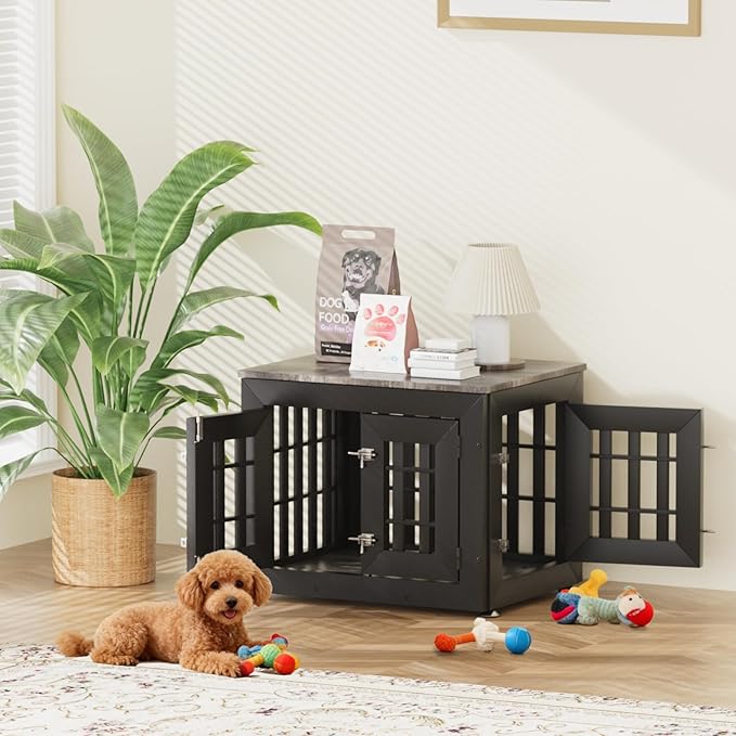 Snuowu 26" Heavy Duty Dog Crate Furniture for Small,Medium and Large Dogs,Rustic Wooden Dog Cage Kennel Indoor Furniture with Waterproof Top,Decorative Pet House Side End Table (Black & Grey)