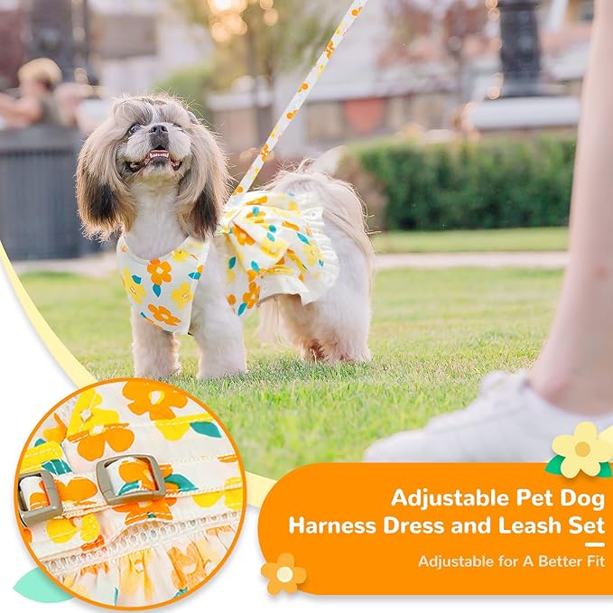 ABRRLO Dog Harness Dress Leash Set for Small Dog Summer Clothes Girl Female Puppy Cats Outfits Cute Floral Bowknot Princess Birthday Dress for Extra Small Pet Doggie Kitten Outfits Apparel(Yellow,S)