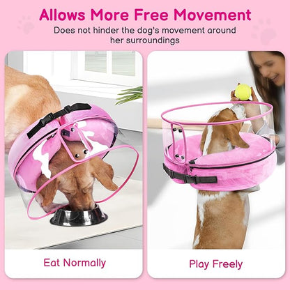 BARKLESS Inflatable Dog Cone, Protective Dog Surgery Collar to Stop Licking Biting Wounds, Patented Soft Donut Cone with Clear Shield, Adjustable Blow-up Collar for Surgery Recovery (Pink, M+)