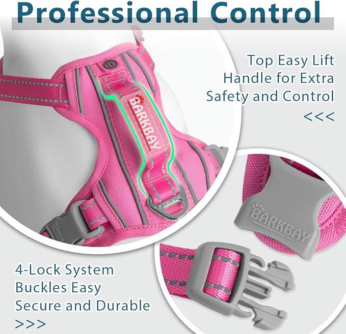 BARKBAY Dog Harness No Pull Oxford with ID Tag Pocket - Heavy Duty, Reflective, Easy Control for Large Dogs(Pink Oxford,XL)