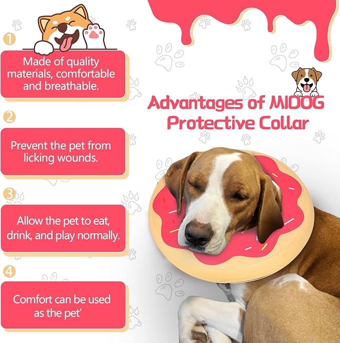 MIDOG Soft Inflatable Dog Cone, Donut E-Collar Alternative for After Surgery, Prevents Licking, Allowing Normal Eating & Vision, Comfortable Recovery Collar for Small Medium Large Dogs & Cats, Pink-XL