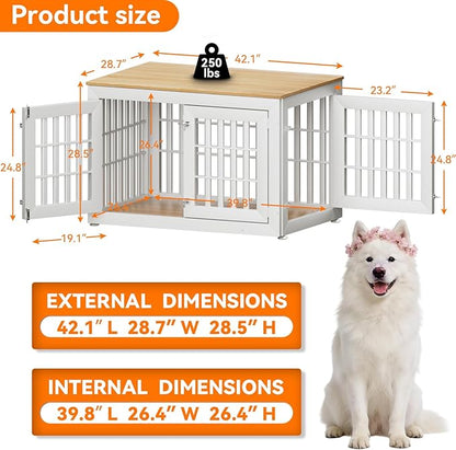 Snuowu 42" Heavy Duty Dog Crate Furniture for Small,Medium and Large Dogs,Rustic Wooden Dog Cage Kennel Indoor Furniture with Waterproof Top,Decorative Pet House Side End Table (White & Wood)