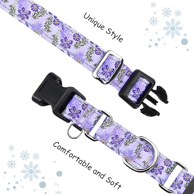 Reflective Martingale Collar for Dogs with Quick Release Buckle Cute Girl Female Flower Dog Collars (Lavender Floral, Small)