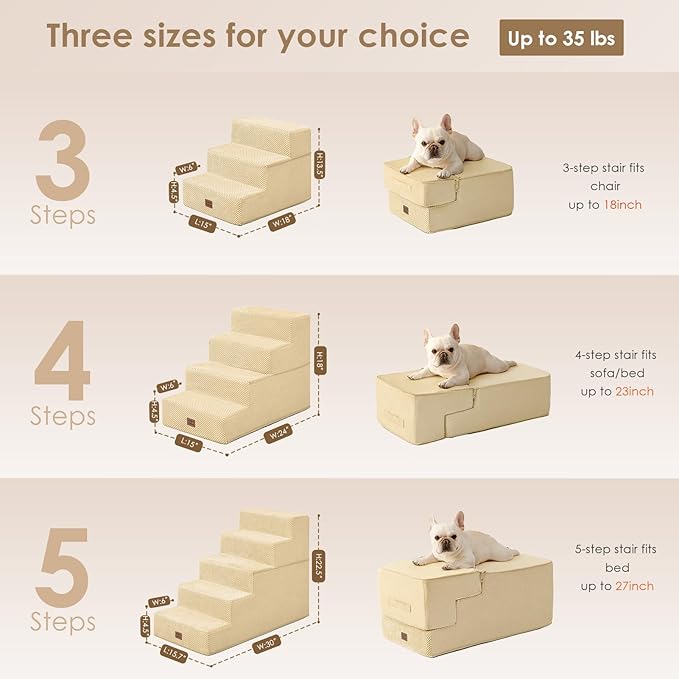 EHEYCIGA Dog Stairs for Small Dogs 13.5" H, 3-Step Dog Steps for Couch Sofa and Chair, Pet Steps for Medium Cats, Non-Slip Balanced Pet Ramp Indoor, Graige