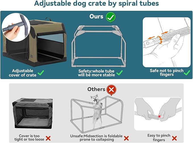 PETSFIT Travel Dog Crate, Soft Dog Crate - 24 Inch Sturdy Adjustable Structure, Easy to Set Up, Portable Dog Kennel for Car, Light Tough with 3 Mesh Doors, Army Green