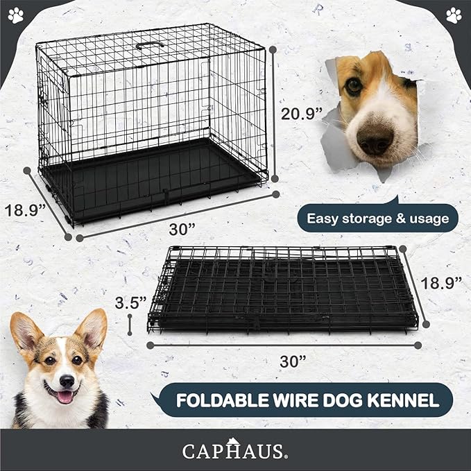 CAPHAUS Foldable Dog Crate Wire Metal Dog Kennel w/Divider Panel, Leak-Proof Pan & Protecting Feet, Single & Double Door, Small, Medium & Large Dog Crate Indoor Wire Dog Cage, 30” w/Classic Lock