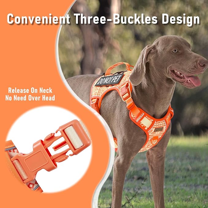 Orange Tactical Dog Harness with Ethnic Pattern for Big Dog, Like English Bulldog Doberman Husky Rottweiler Labrador, Easy to Put on and Take Off, No Pull Easy Walk Escapeproof No Choke, Large