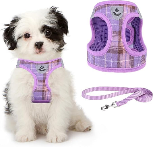 KOOLTAIL Dog Harness and Leash Set for Small Medium Dogs, Step in No Pull Soft Mesh Dog Harness Comfort Padded Pet Vest, Adjustable Reflective Easy Walking Puppy Cats Harness Training, Plaid Purple XS