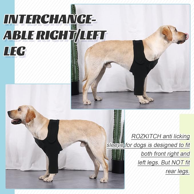 ROZKITCH Recovery Sleeve for Dogs Front Leg Right Left, Pet Prevent Licking Wound Elbow Knee Protector, Dog Recovery Suit Cone Collar Alternative for Sprain ACL CCL Arthritis Joint Care Black XL