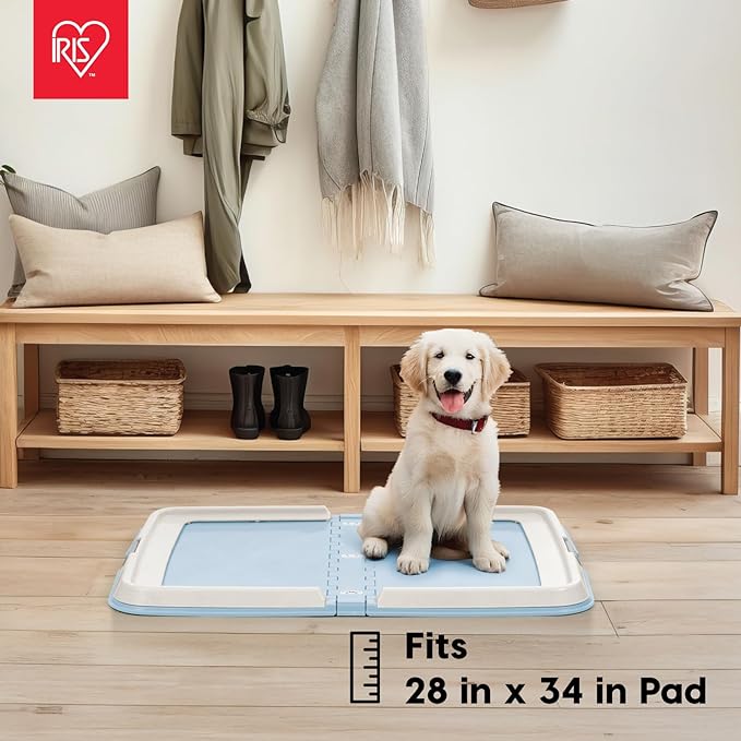 IRIS USA Pee Pad Holder for Dogs and Puppies, Potty Training Tray with Secured Latches, Non-Skid Feet, Leak Protection, Easy Clean Surface, Fits 28"x 34" Puppy Pads Size or Larger, Blue