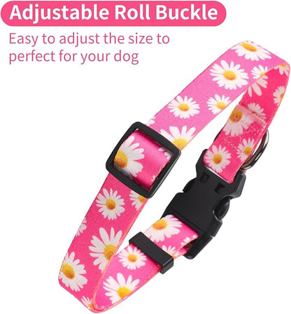 QQPETS Adjustable Soft Dog Collar: Print Flower Pink Multicolor Cute Patterns for XS Small Medium Large Pet Girl Boy Puppy Walking Running Training (L, Small Daisies)