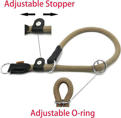 Braided Round Martingale Dog Collar, Training Collar with Slidable Stop Ring and Adjustable Stopper - Ideal for Medium Dogs (M(1/3") - 18" Long, Khaki)