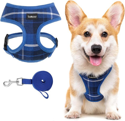 SCENEREAL Puppy Dog Harness with Leash Set for Small Medium Sized Dogs, Soft Mesh Pet Harnesses and Leash, No Chock Plaid Adjustable No Pull Vest for Dogs Cats, Chihuahua,Bulldog (Blue M)