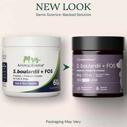 Animal Biome S. Boulardii + FOS Powder Probiotics for Dogs & Cats 60g – Pet Supplements Saccharomyces Boulardii Dog Probiotic with Prebiotic FOS for Gut Health, Digestive Support & Firmer Stool