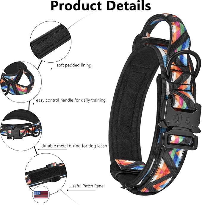 DAGANXI Tactical Dog Collar, Adjustable Military Training Nylon Dog Collar with Control Handle and Heavy Metal Buckle for Medium and Large Dogs, with Patches and Airtags Case (L, Colorful Triangle)